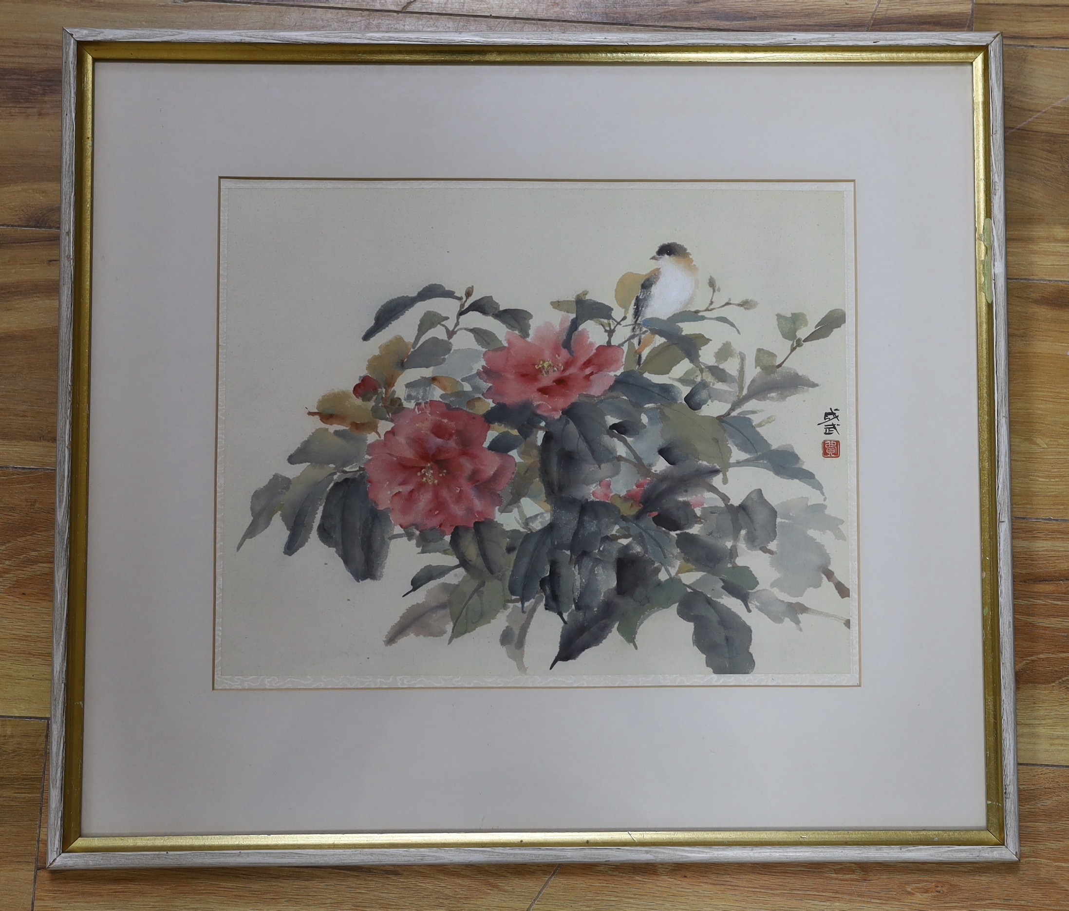 Fei Chengwu (Chinese, 1914-2001), watercolour, Bird and camellia, 1963 Leicester Galleries Exhibition label verso, 32 x 40cm
